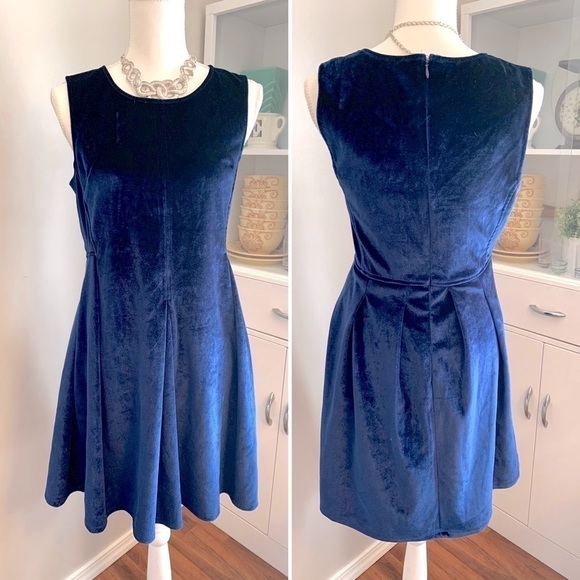 ALYA navy velvet fit and flare sleeves dress - Picture 1 of 7